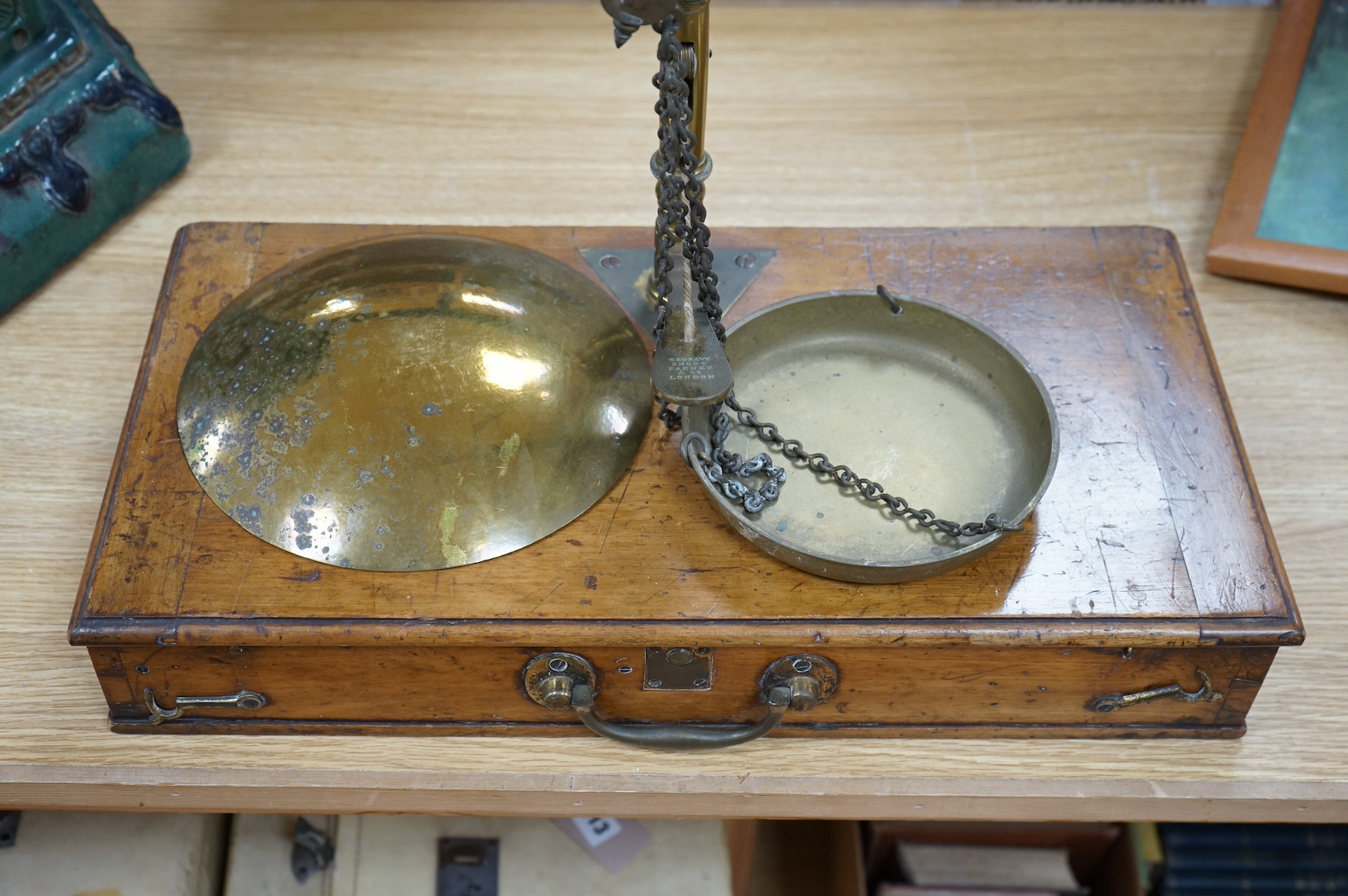 A set of Victorian brass balance scales, Degrave, Short Fanner & Co. London, 67cm high. Condition - fair